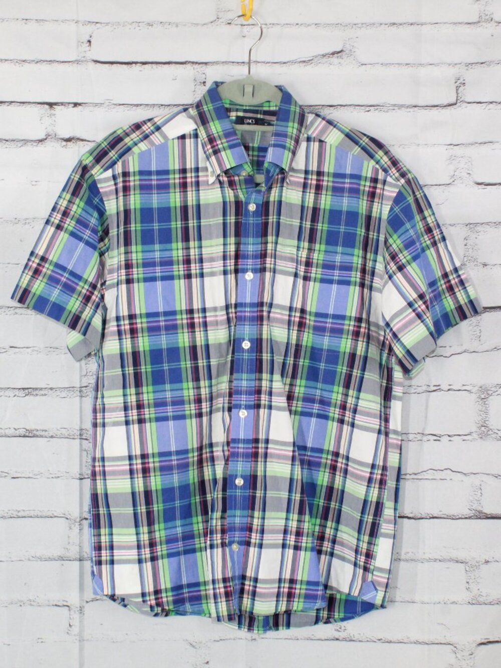 Lincs David Chu 100% Cotton Blue Green Plaid Short Sleeve Shirt Size Medium